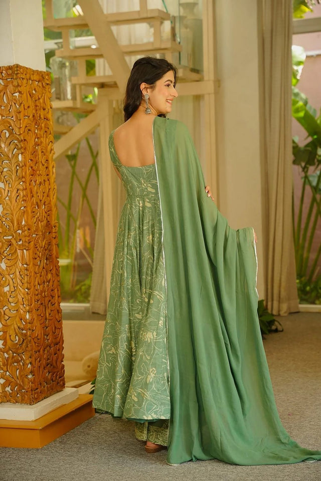 Green Floral Printed Muslin Anarkali Suit (ACA8074)