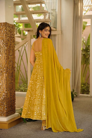 Olive Green Gometric Printed Muslin Anarkali Suit (ACA8075)