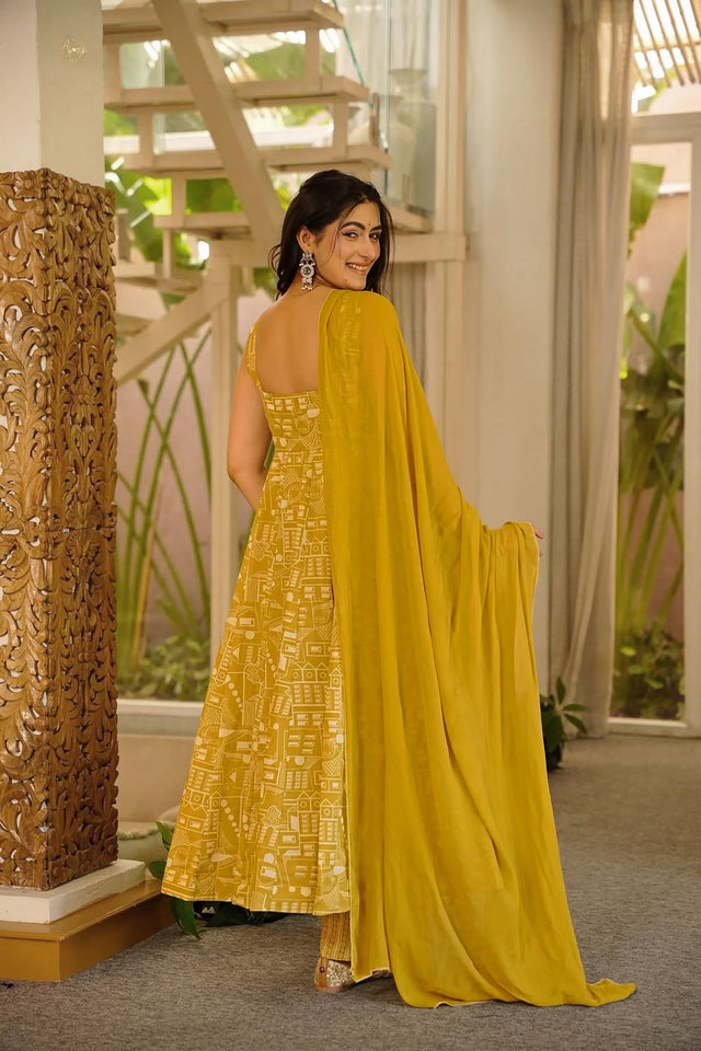 Olive Green Gometric Printed Muslin Anarkali Suit (ACA8075)