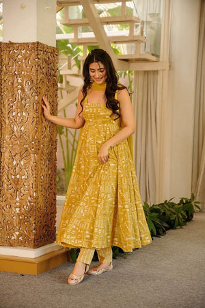 Olive Green Gometric Printed Muslin Anarkali Suit (ACA8075)