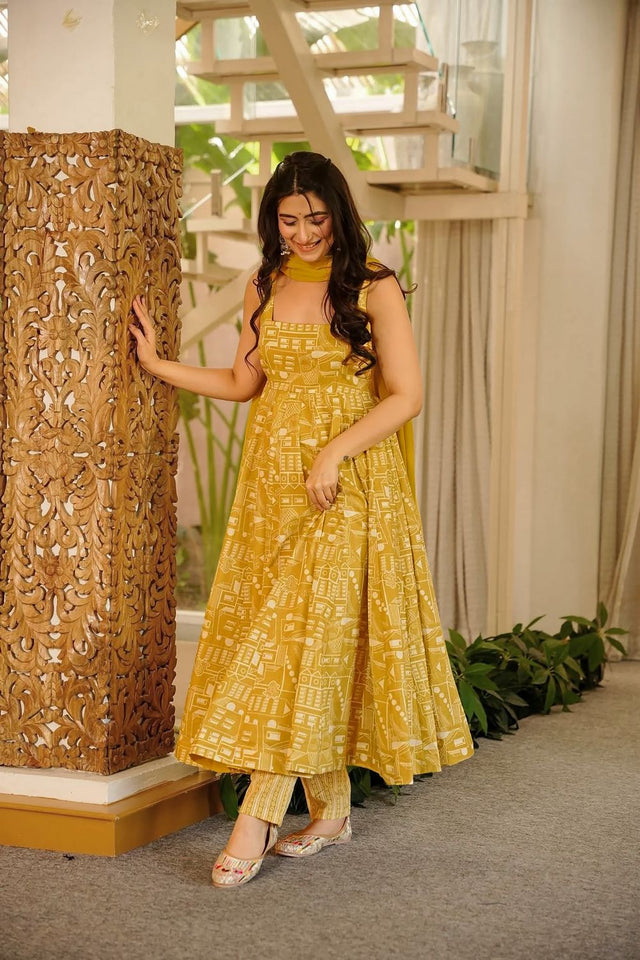 Olive Green Gometric Printed Muslin Anarkali Suit (ACA8075)