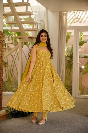 Olive Green Gometric Printed Muslin Anarkali Suit (ACA8075)
