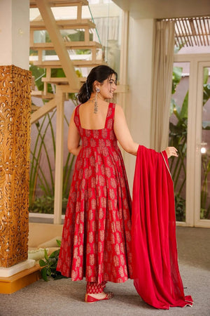 Red Printed Muslin Anarkali Suit (ACA8076)