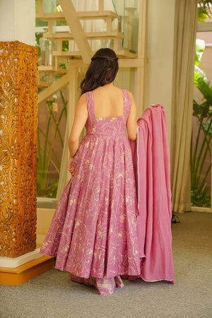Pink Floral Printed Muslin Anarkali Suit (ACA8077)