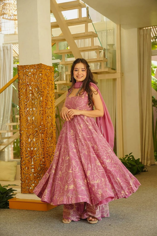 Pink Floral Printed Muslin Anarkali Suit (ACA8077)