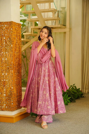Pink Floral Printed Muslin Anarkali Suit (ACA8077)