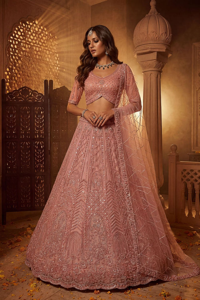 Peach Sequin with Embroidered Net Lehenga (ACA8080)