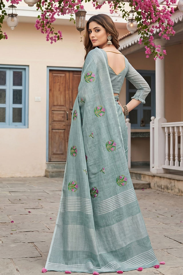 Sea Green Floral Embroidered Linen Saree (ACA8081)