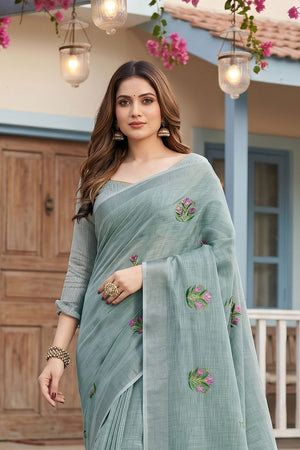 Sea Green Floral Embroidered Linen Saree (ACA8081)
