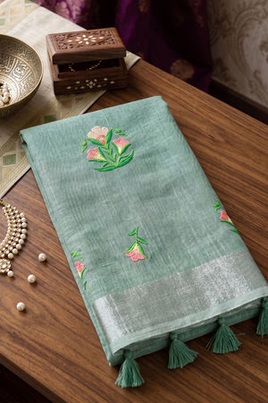 Sea Green Floral Embroidered Linen Saree (ACA8081)