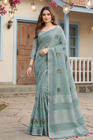 Sea Green Floral Embroidered Linen Saree (ACA8081)