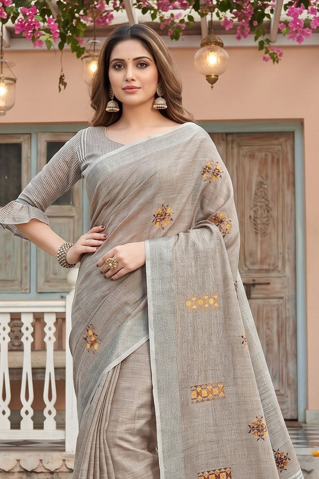 Beige Floral Embroidered Linen Saree (ACA8082)