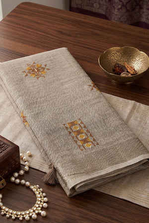Beige Floral Embroidered Linen Saree (ACA8082)