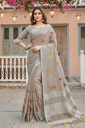 Beige Floral Embroidered Linen Saree (ACA8082)