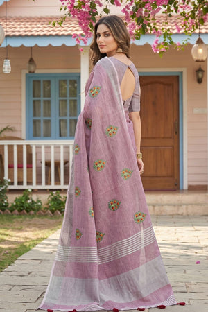 Lavender Floral Embroidered Linen Saree (ACA8083)