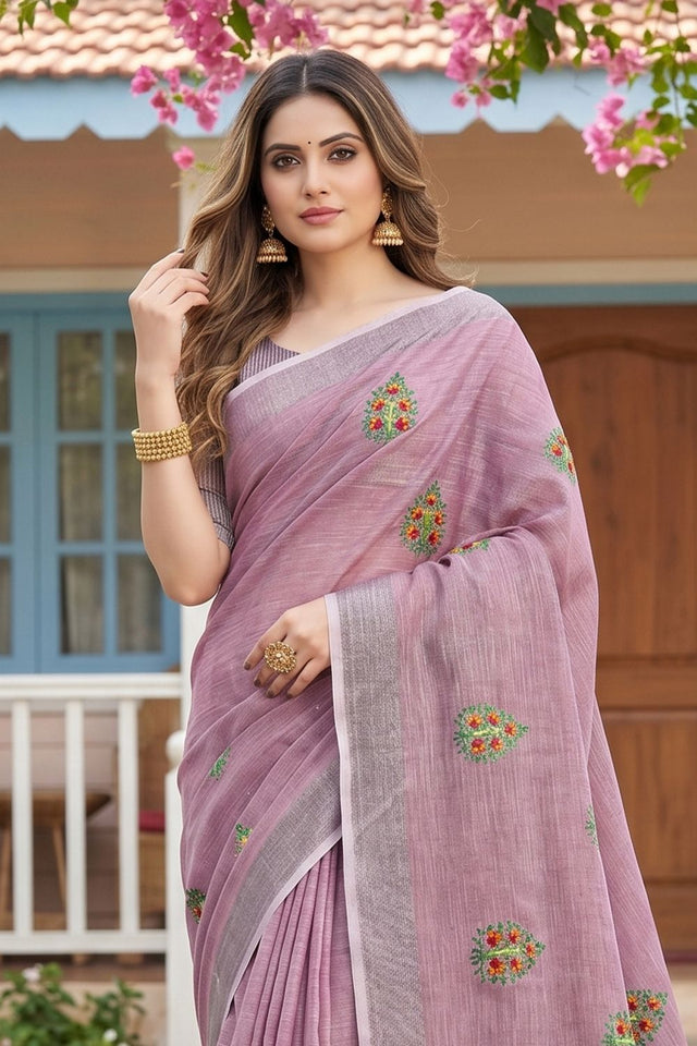 Lavender Floral Embroidered Linen Saree (ACA8083)