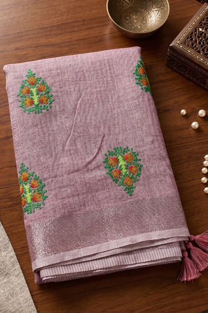 Lavender Floral Embroidered Linen Saree (ACA8083)