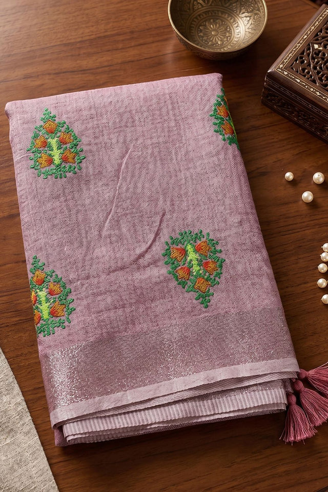 Lavender Floral Embroidered Linen Saree (ACA8083)