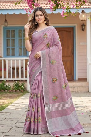 Lavender Floral Embroidered Linen Saree (ACA8083)