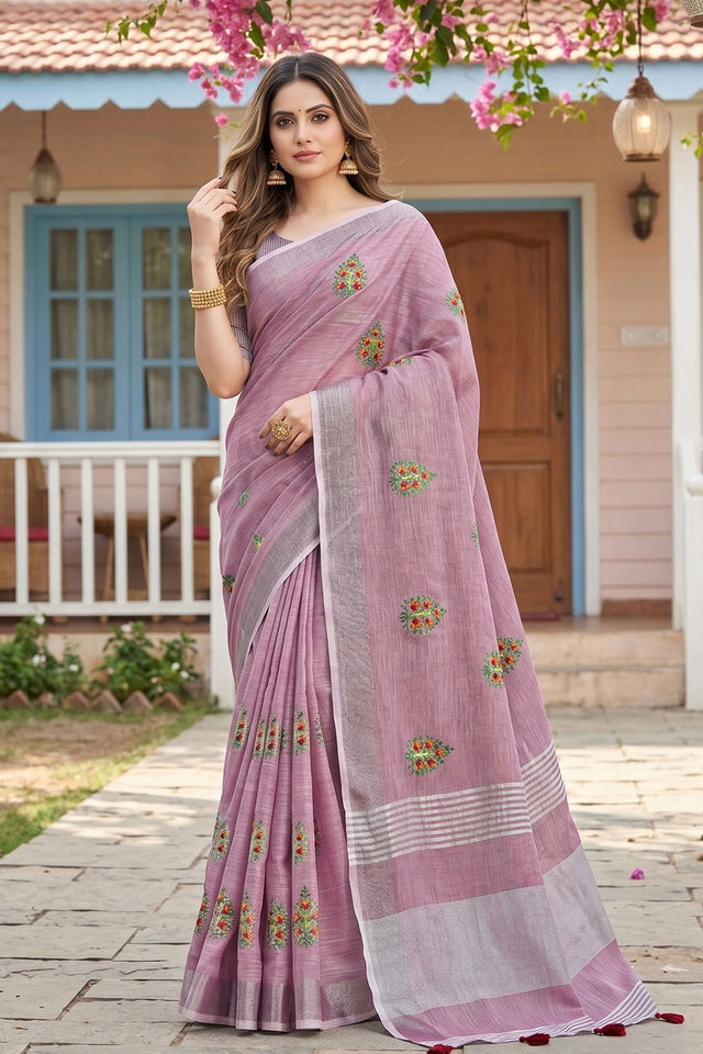 Lavender Floral Embroidered Linen Saree (ACA8083)