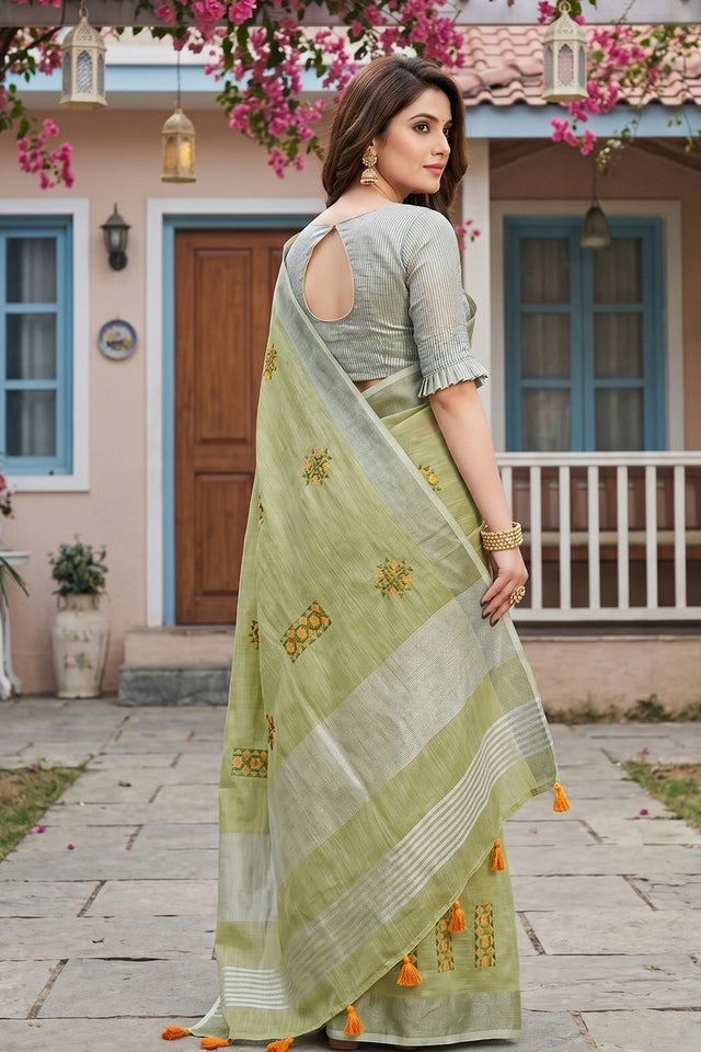 Green Floral Embroidered Linen Saree (ACA8084)