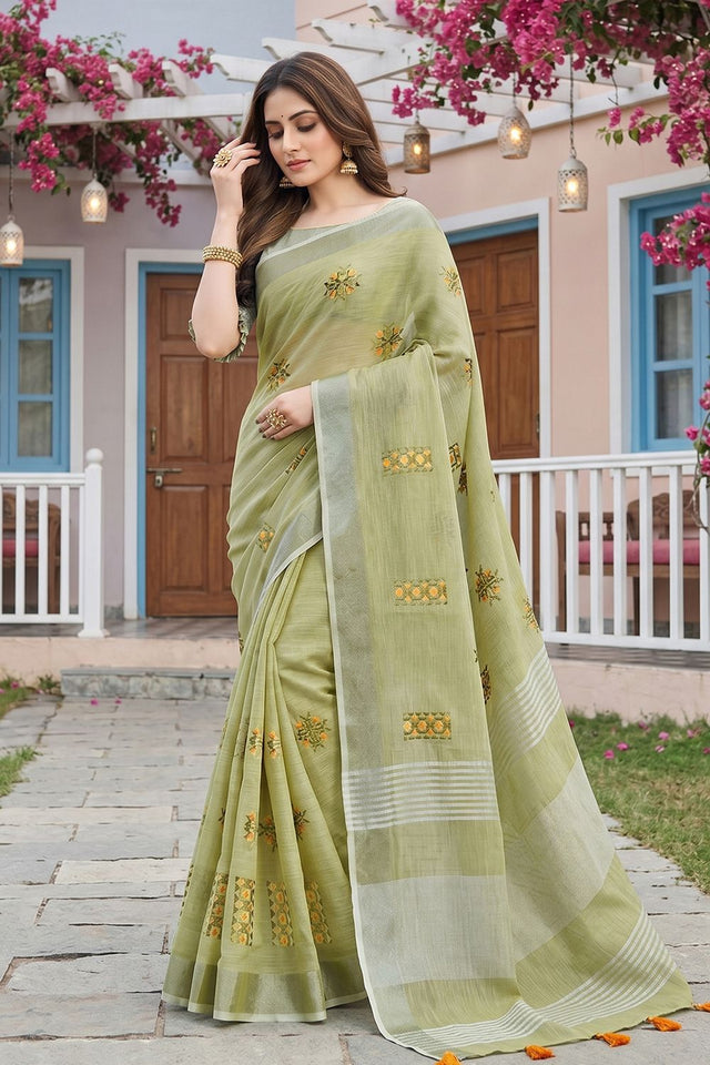 Green Floral Embroidered Linen Saree (ACA8084)