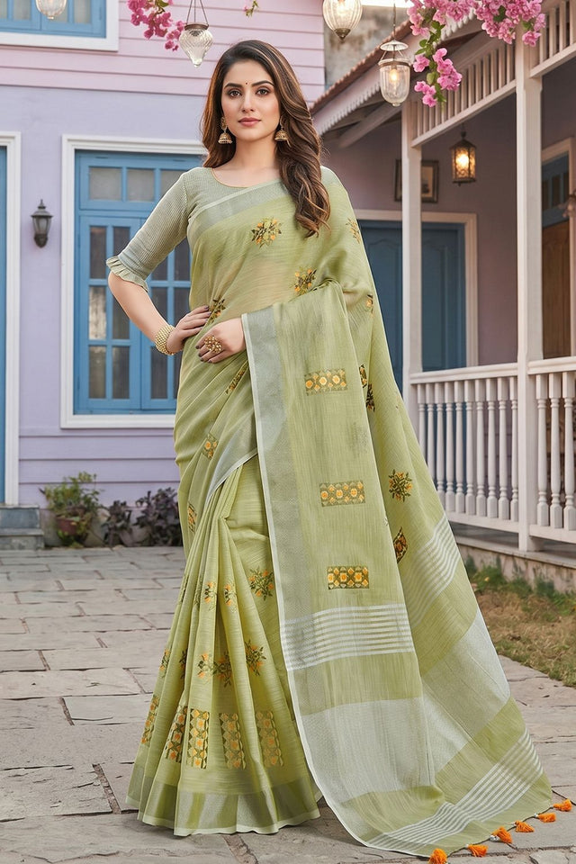 Green Floral Embroidered Linen Saree (ACA8084)