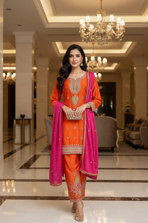 Orange Embroidered Chinon Straight Cut Suit (ACA8093)