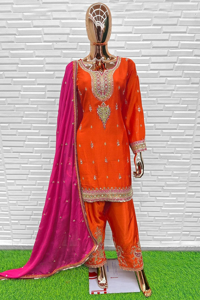 Orange Embroidered Chinon Straight Cut Suit (ACA8093)