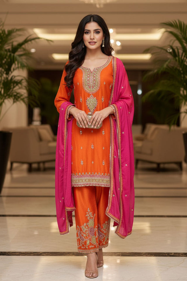 Orange Embroidered Chinon Straight Cut Suit (ACA8093)