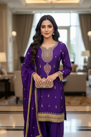 Purple Embroidered Chinon Straight Cut Suit (ACA8094)