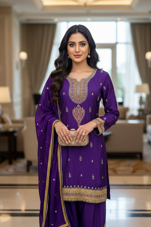 Purple Embroidered Chinon Straight Cut Suit (ACA8094)