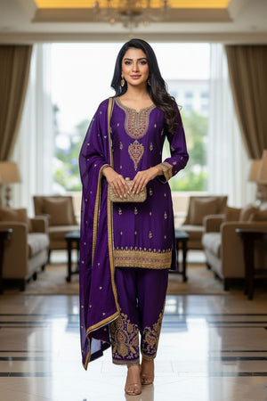 Purple Embroidered Chinon Straight Cut Suit (ACA8094)