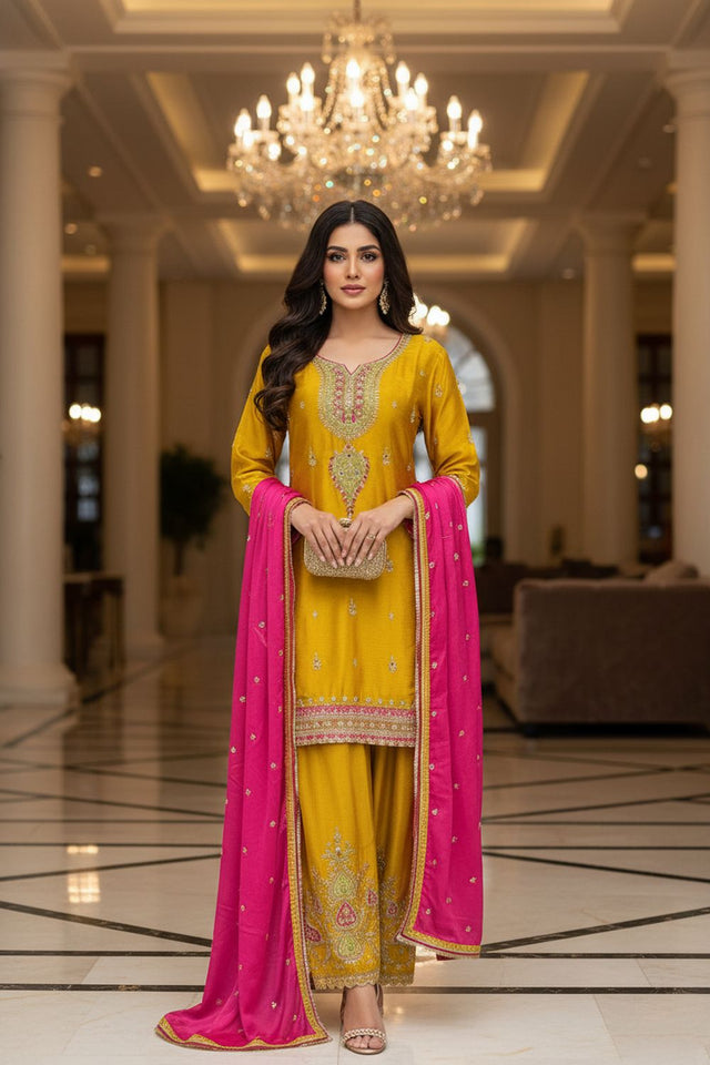 Yellow Embroidered Chinon Straight Cut Suit (ACA8095)