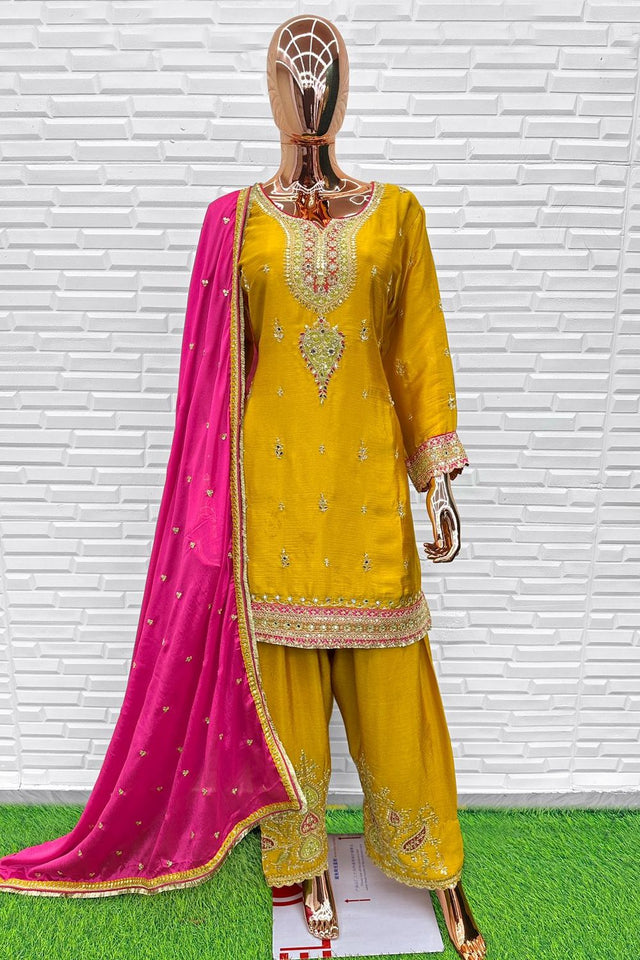 Yellow Embroidered Chinon Straight Cut Suit (ACA8095)
