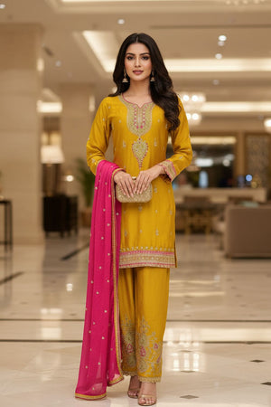 Yellow Embroidered Chinon Straight Cut Suit (ACA8095)