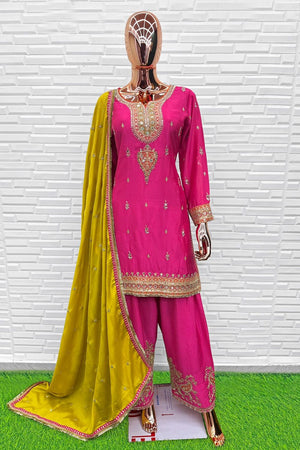 Pink Embroidered Chinon Straight Cut Suit (ACA8096)