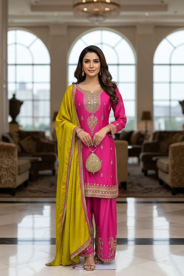 Pink Embroidered Chinon Straight Cut Suit (ACA8096)