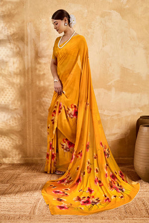 Yellow Floral Printed Georgette Saree (ACA8109)