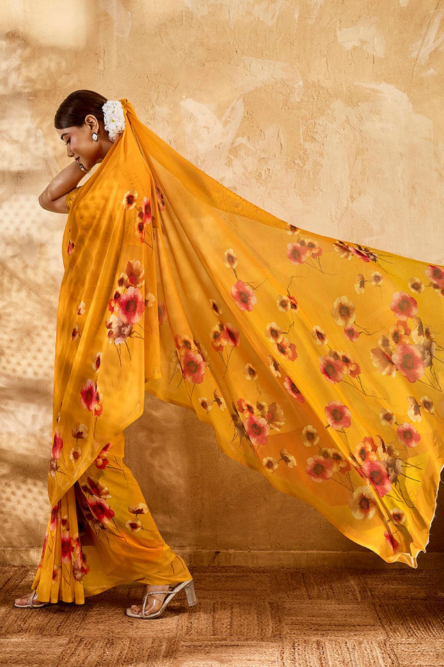 Yellow Floral Printed Georgette Saree (ACA8109)