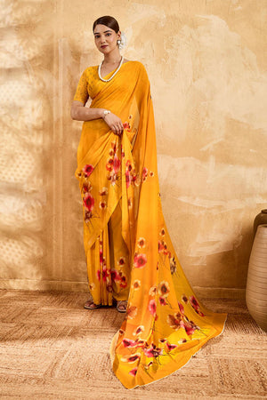 Yellow Floral Printed Georgette Saree (ACA8109)