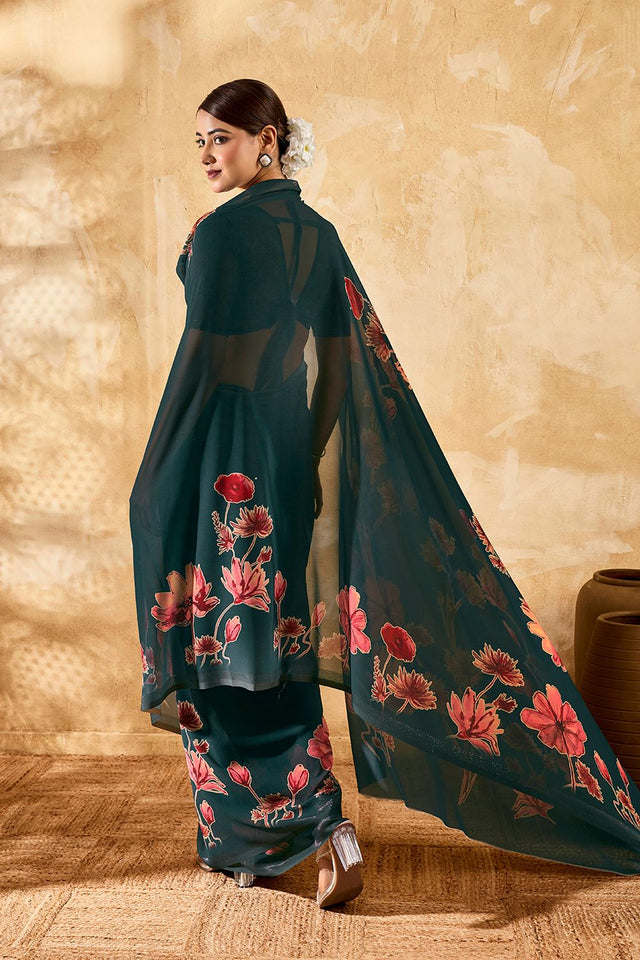 Dark Green Floral Printed Georgette Saree (ACA8110)