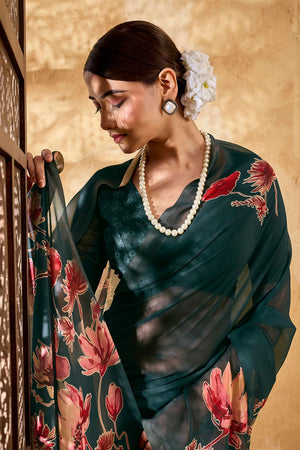 Dark Green Floral Printed Georgette Saree (ACA8110)