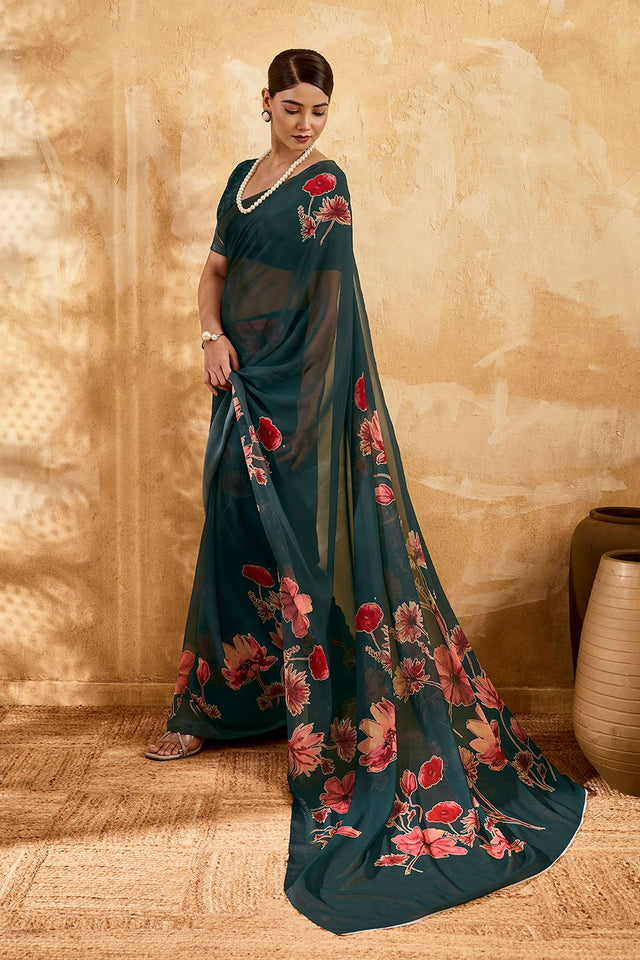 Dark Green Floral Printed Georgette Saree (ACA8110)