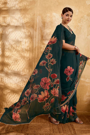 Dark Green Floral Printed Georgette Saree (ACA8110)