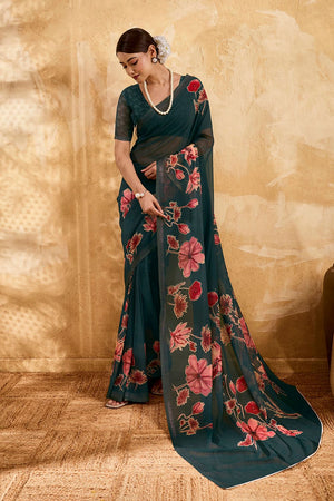 Dark Green Floral Printed Georgette Saree (ACA8110)