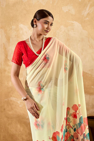 Beige Floral Printed Georgette Saree (ACA8111)