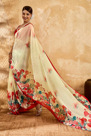 Beige Floral Printed Georgette Saree (ACA8111)