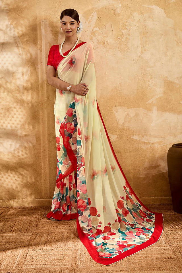 Beige Floral Printed Georgette Saree (ACA8111)