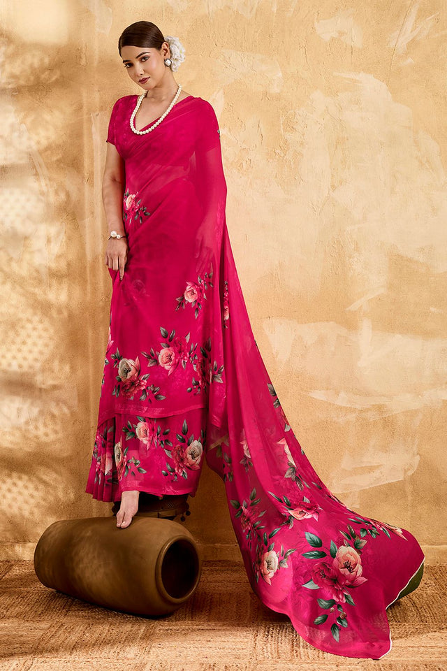 Pink Floral Printed Georgette Saree (ACA8112)